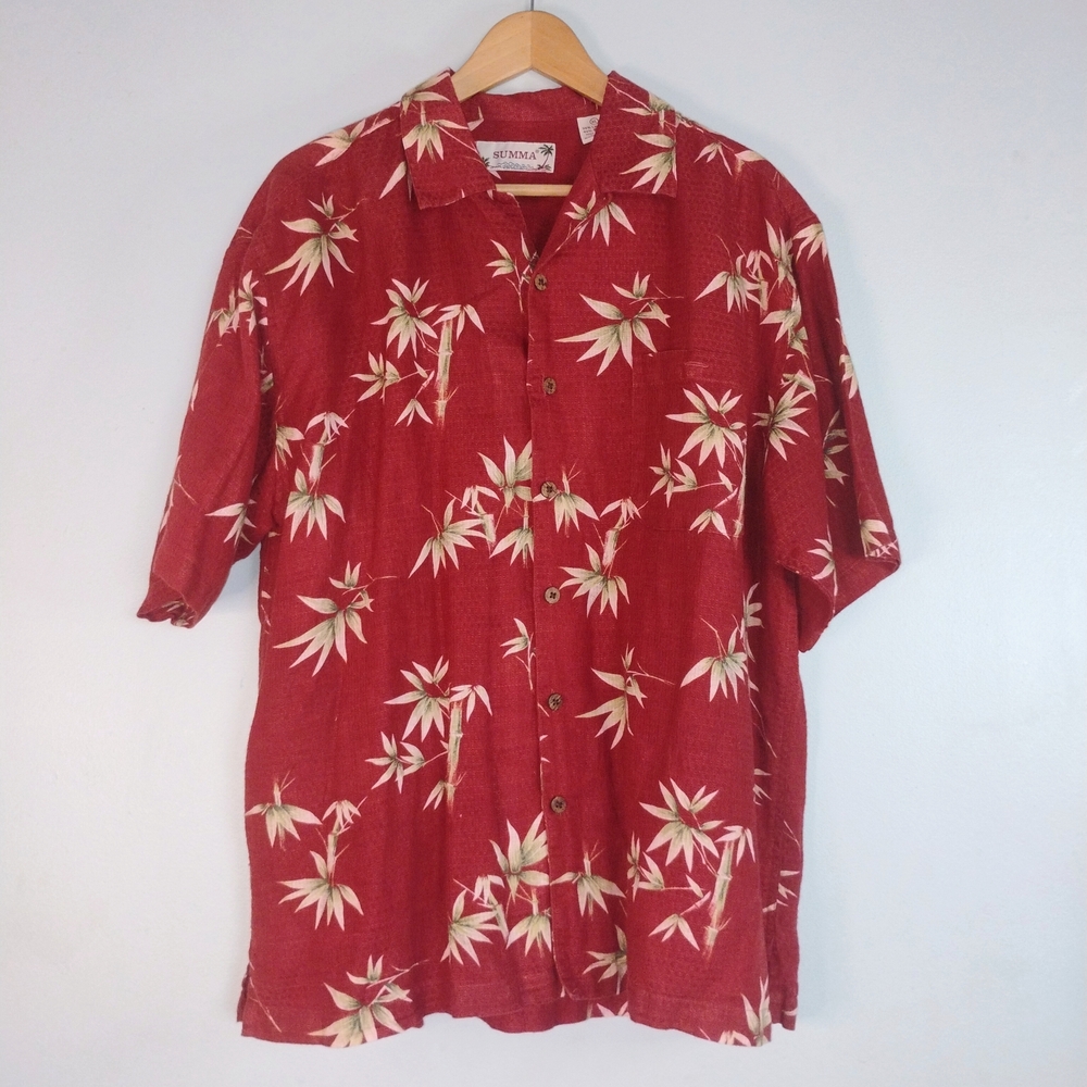 SUMMA Men's Size XL Hawaiian Red Shirt Tropical Bamboo Print Linen Cotton Blend